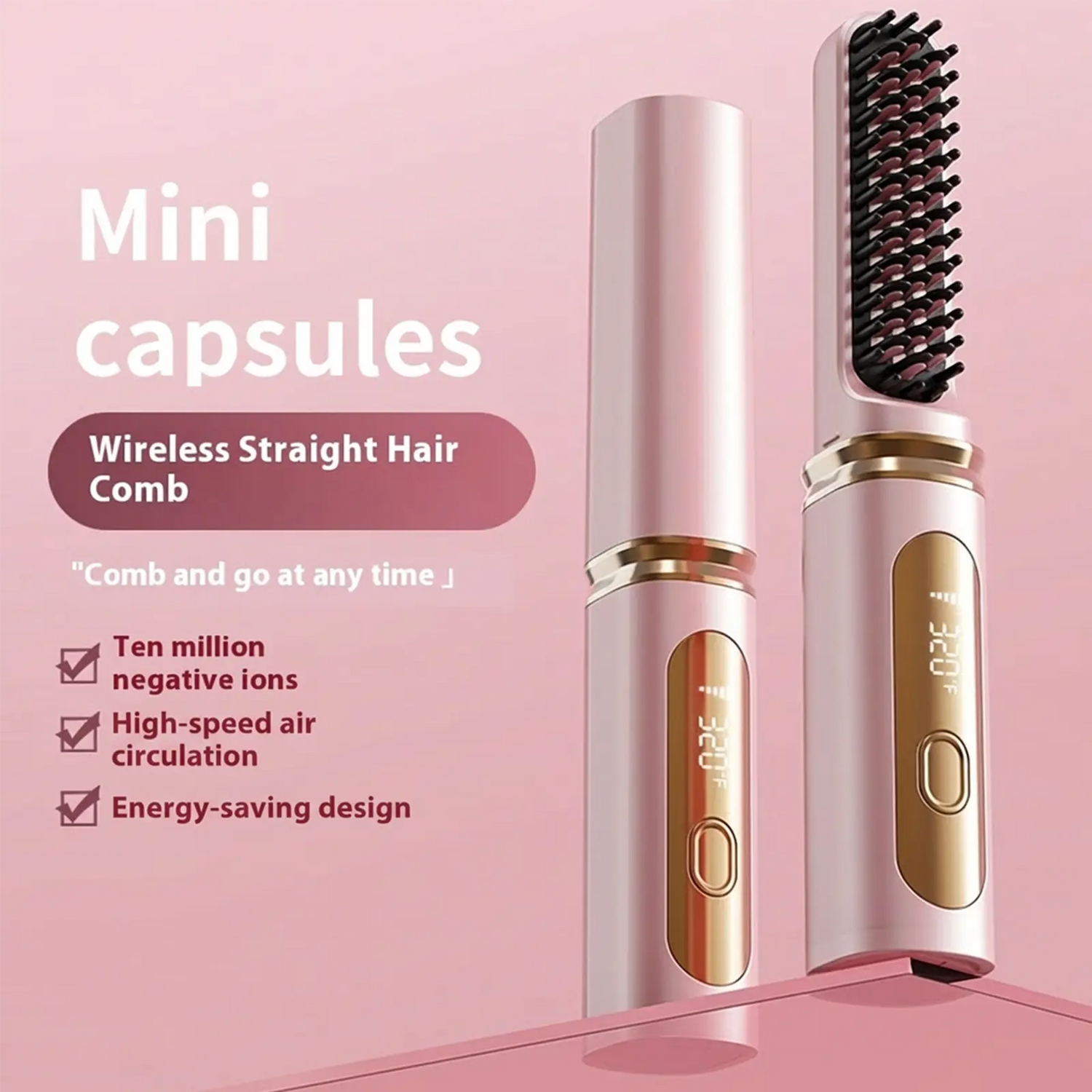 Cordless Hair Straightener Brush with Cover - Portable Mini Negative Ion Hot Comb for Travel, Gym & Car - USB Rechargeable Anti-Scald Hair Styler Hair Styling Tools